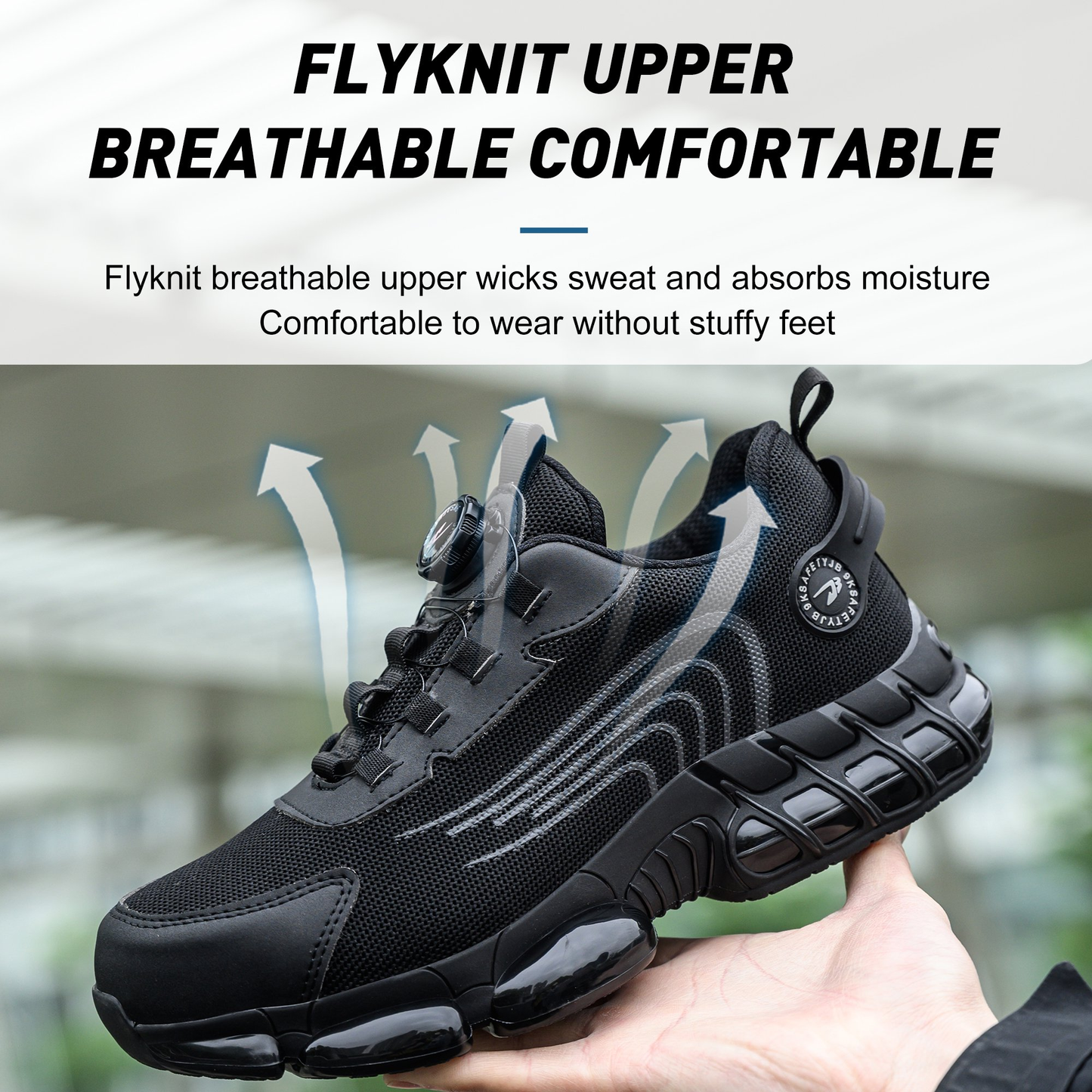 Drecage Mens Steel Toe Shoes with Rotating Button Lightweight Breathable Work Shoes Slip-Resistant Comfortable Safety Sneakers